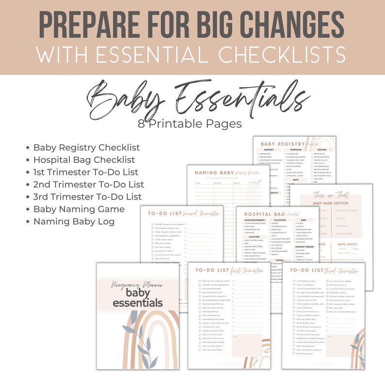 Printable pregnancy planner from Marker Moments featuring the baby essential checklists like hospital bag and baby registry