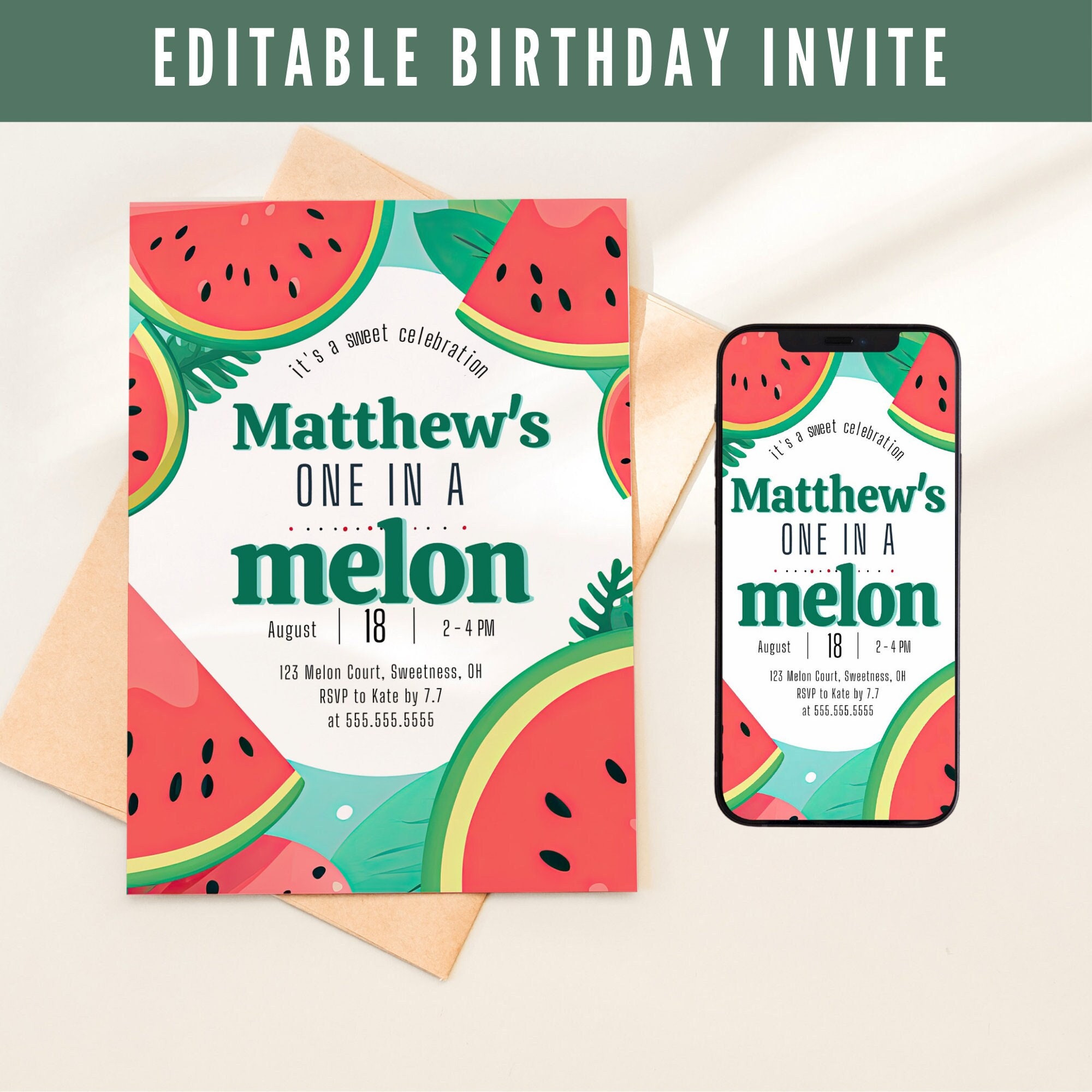 One in a Melon First Birthday Invite Watermelon Birthday Invitation 1st BDay Printable Party Invite Editable Jet Template