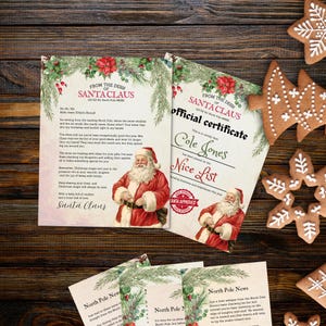 Cartas de Papá Noel y el elfo, certificado de lista de buenos, juego de cartas vintage personalizadas de Papá Noel, plantillas navideñas imprimibles en Canva