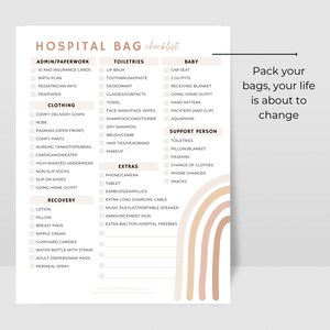 May include: A checklist for a hospital bag with categories for admin/paperwork, clothing, toiletries, extras, baby, support person, and recovery. The checklist is illustrated with a rainbow graphic.