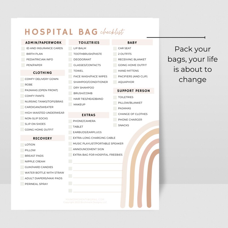 May include: A checklist for a hospital bag with categories for admin/paperwork, clothing, toiletries, extras, baby, support person, and recovery. The checklist is illustrated with a rainbow graphic.