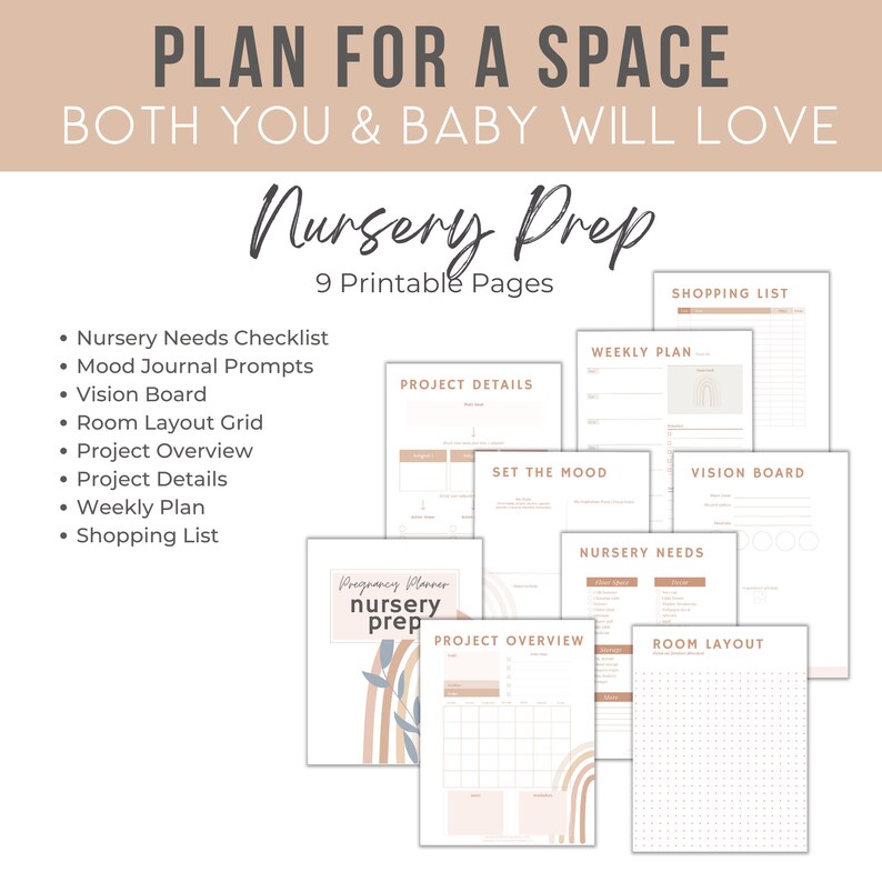 Printable pregnancy planner from Marker Moments featuring the nursery prep section with vision board