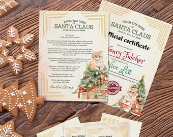 Lettres modifiables du père Noël et de l'elfe, belle liste de certificats, lettre de Noël personnalisée pour les amoureux des chats, modèles imprimables sur toile