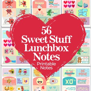 Puede incluir: Una colección de 56 notas para la lonchera imprimibles con ilustraciones lindas y mensajes dulces. Las notas presentan varios diseños, incluyendo corazones, animales, comida y otros elementos divertidos. El texto en las notas incluye frases como "You're a guac-star", "You spread joy", "You're the bacon", "You are my favorite", y "Be mine".