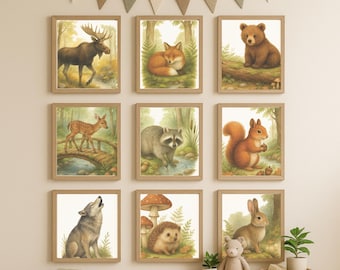 Woodland Animal Scene Printable Set – 9 Forest Nursery Wall Art Prints for Nature Playroom, Montessori Decor, Calm Kids Room Download