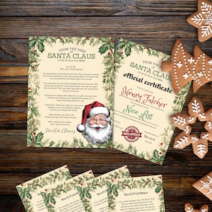 Cartas alegres de Papá Noel y el elfo, certificado de lista de buenos deseos, juego de cartas personalizadas para Papá Noel, plantillas navideñas imprimibles en Canva