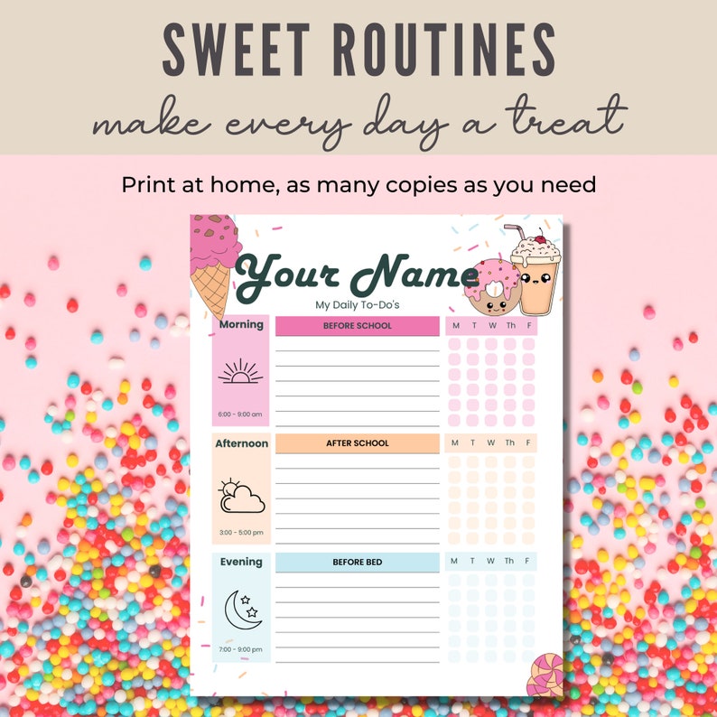 Sweets Editable Kids Morning Routine Chart, Kids Daily Checklist ...