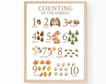 Woodland Counting Early Learning Printable, Gentle Classroom or Forest Homeschool Wall Art, Digital Download, Forest Animals, Woodsy Room