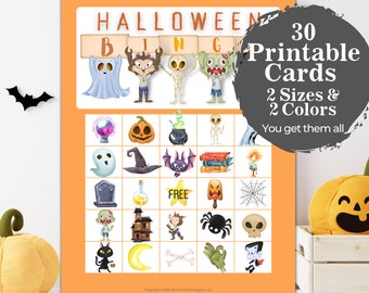 Printable Halloween Bingo for Kids, Game for School Harvest Party, 30 Unique Bingo Cards, Instant Download