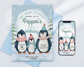 Penguin Birthday Invite, Editable Invitation for Girls and Boys 1st Birthday, Printable B-Day Party Invite for Kids First Birthday