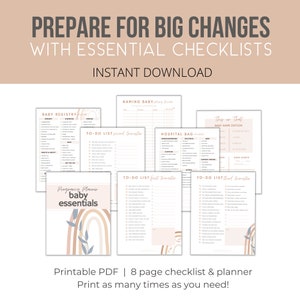 May include: Printable checklist and planner for preparing for a new baby. The checklist includes sections for baby registry, naming baby, hospital bag, to-do lists for each trimester, and a baby name edition. The design features a rainbow and leaves in soft brown and blue colors.