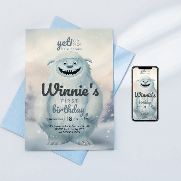 Yeti Birthday Invite, Editable Invitation for Girls and Boys Winter Birthday, Printable Abominable Snowman B-Day Party Invite for Kids