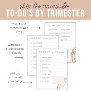 May include: A printable to-do list for each trimester of pregnancy. The list is divided into three sections: first trimester, second trimester, and third trimester. Each section has a checklist of tasks to complete during that trimester. The background of the printable is a light brown with a rainbow design.