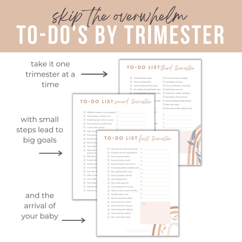 May include: A printable to-do list for each trimester of pregnancy. The list is divided into three sections: first trimester, second trimester, and third trimester. Each section has a checklist of tasks to complete during that trimester. The background of the printable is a light brown with a rainbow design.