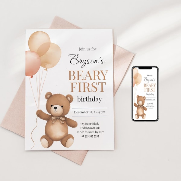 Invitación de primer cumpleaños de Beary, invitación del primer día del oso de peluche para niños y niñas, invitación de fiesta imprimible, plantilla de jet editable