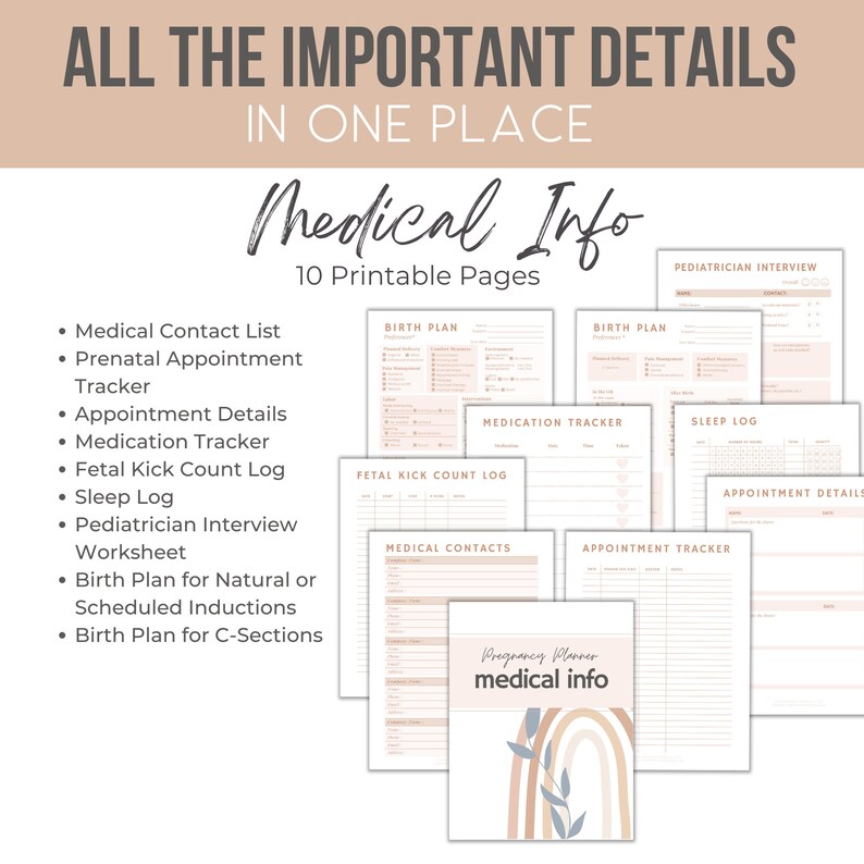 Printable pregnancy planner from Marker Moments featuring the medical information section