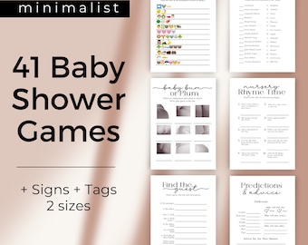 Puede incluir: Un conjunto de 41 juegos de baby shower imprimibles con un diseño minimalista. Los juegos incluyen "Pictionary de libro de cuentos", "Mamás famosas", "Pompis de bebé o ciruela", "Hora de rimas de la guardería", "Encuentra al invitado" y "Predicciones y consejos".