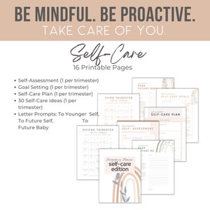 Printable pregnancy planner from Marker Moments featuring the self-care section with journaling pages and letters to baby
