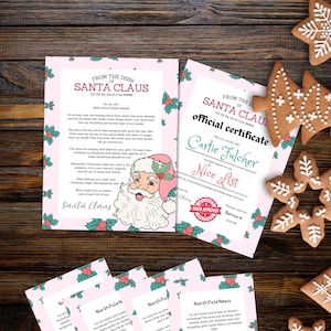 Cartas de Papá Noel y el elfo, certificado de lista de buenos, juego de cartas retro personalizadas de Papá Noel para niñas, plantillas navideñas imprimibles en Canva