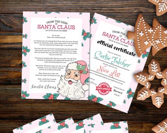 Letters from Santa and Elf, Nice List Certificate, Personalized Retro Girls Santa Claus Letter Set, Printable Christmas Canva Templates