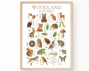Woodland Alphabet Early Learning Printable, Gentle Classroom or Forest Homeschool Wall Art, Digital Download, Forest Animals, Woodsy Room