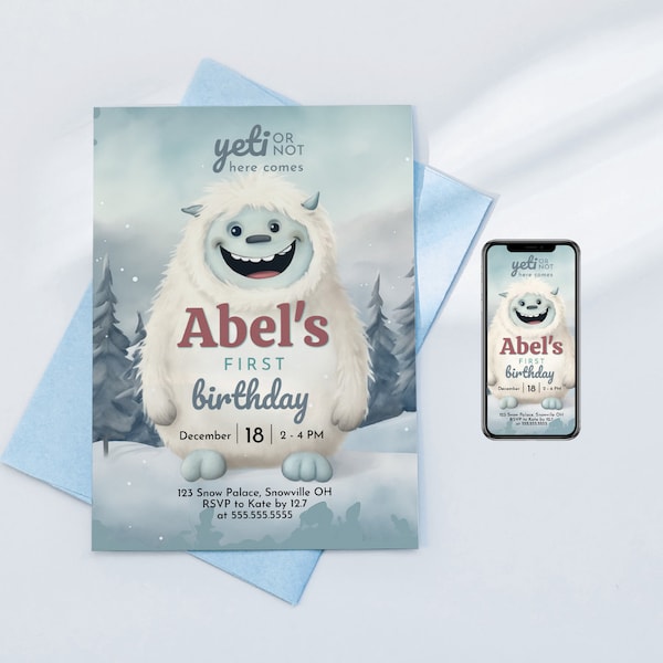 Yeti Birthday Invite, Editable Invitation for Girls and Boys Winter Birthday, Printable Abominable Snowman B-Day Party Invite for Kids