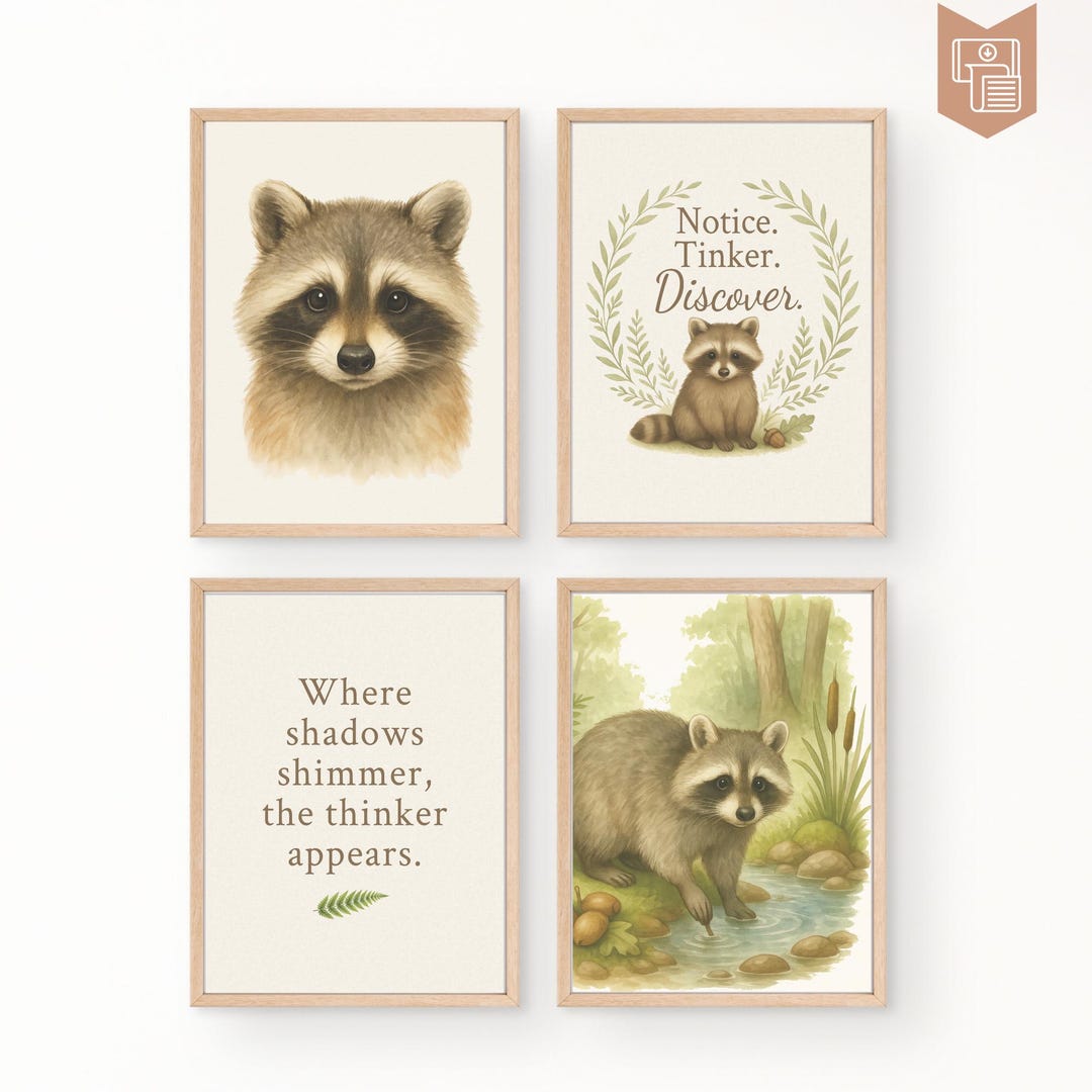 Woodland Raccoon Nursery Art – Set of 4 Printable Forest Animals ...
