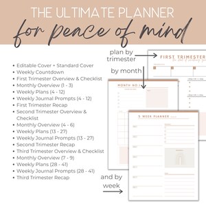 Puede incluir: Un planificador imprimible con un fondo beige y un gr&aacute;fico de arco&iacute;ris. El planificador est&aacute; dise&ntilde;ado para ayudarte a planificar por trimestre, mes y semana. El texto "THE ULTIMATE PLANNER for peace of mind" est&aacute; en la parte superior de la p&aacute;gina.