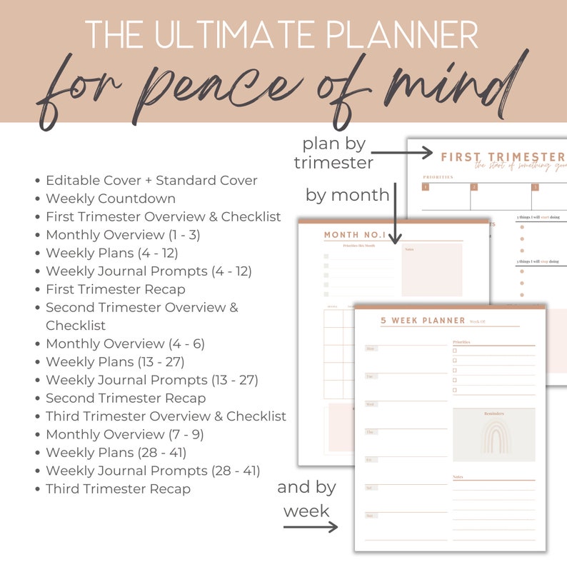 Puede incluir: Un planificador imprimible con un fondo beige y un gr&aacute;fico de arco&iacute;ris. El planificador est&aacute; dise&ntilde;ado para ayudarte a planificar por trimestre, mes y semana. El texto "THE ULTIMATE PLANNER for peace of mind" est&aacute; en la parte superior de la p&aacute;gina.