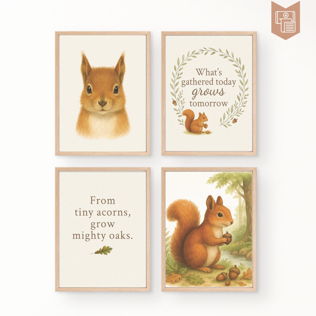 Woodland Squirrel Nursery Art – Set of 4 Printable Forest Animals ...