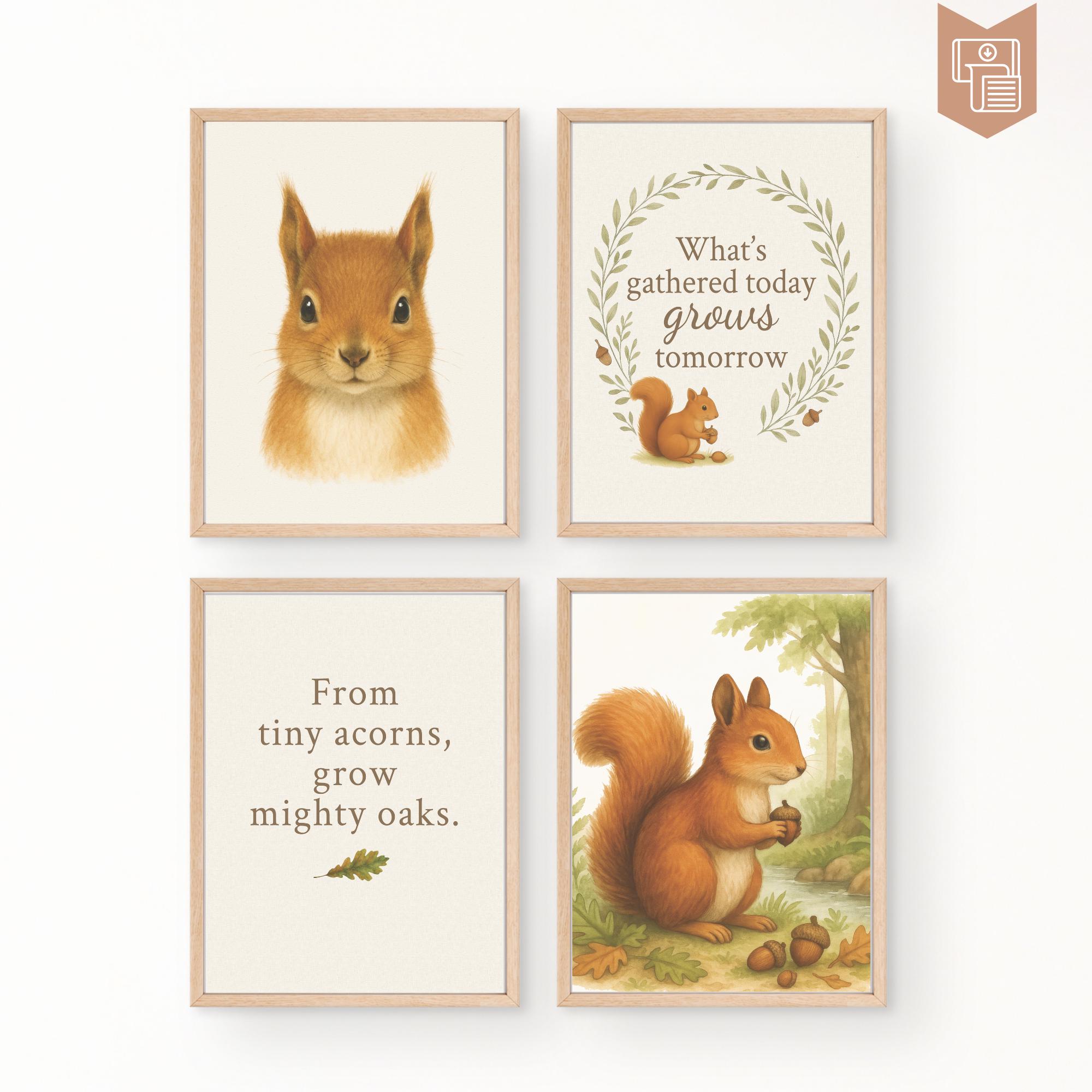 Woodland Squirrel Nursery Art – Set of 4 Printable Forest Animals, Gallery Wall Art Digital Prints for Woodsy Nursery or Playroom Decor