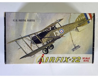 May include: A rectangular cardboard box for an Airfix-72 scale model kit featuring an illustration of an F.2.B. Bristol Fighter biplane in flight. The aircraft is olive green with the number 130, a roundel, and the tail code E 2581 visible.