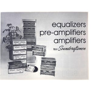 May include: A black and white advertisement featuring Soundcraftsmen audio equipment including multiple equalisers, pre-amplifiers, and amplifiers stacked in columns. The text reads equalizers pre-amplifiers amplifiers by Soundcraftsmen.