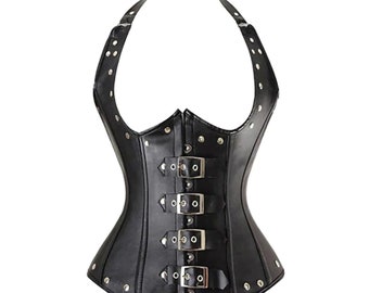 Black Leather Halter neck Women's Over-Bust Corset