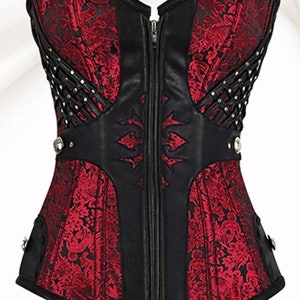 Red Brocade & Black leather Cut work Women's Over-Bust Corset