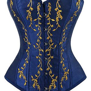 Dark Blue Satin women's Over-bust Corset with Golden Embroidery