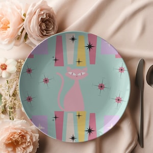 Vintage Atomic Cat Plate: Mid-Century Modern Ceramic Home Decor
