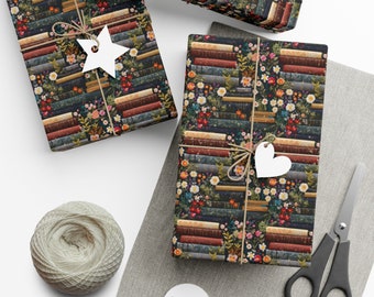 Books and Blooms Wrapping Paper | Floral Bookworm Gift Wrap for Lovers, Birthdays, Book Club