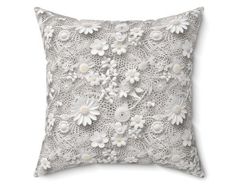 White Lace Illusion Square Pillow, Elegant Home Decor