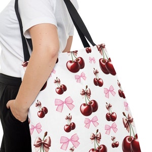 Cherry & Pink Bow Tote Bag: Stylish Polyester Everyday Accessory