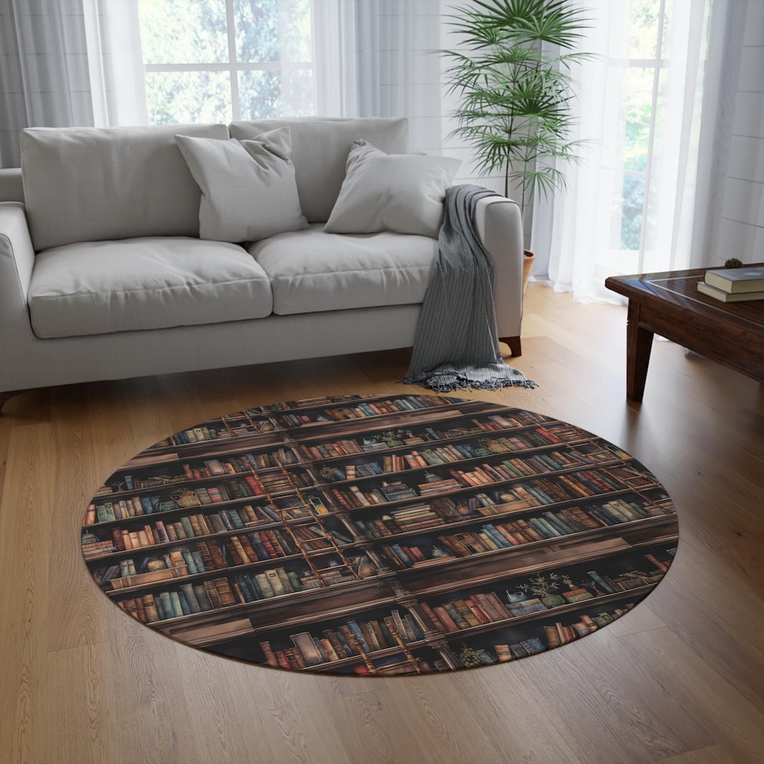 Library Bookshelf Round Rug: Cozy Reading Nook Decor (60