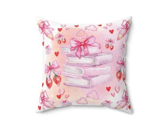Pink Books and Bows Pillow Spun Polyester Square Pillow | Reading Nook Decor