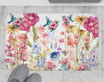 Hummingbird & Wildflower Bath Mat: Memory Foam, Non-Slip