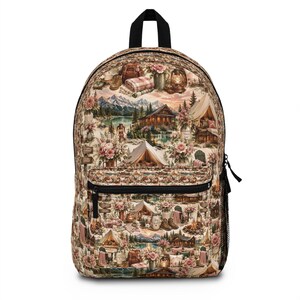 Cozy Cabin Camping Scene Backpack Vintage Outdoors Floral Rustic Nature Travel Bag with Padded Straps and Multiple Pockets