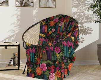 Floral Books Minky Blanket: Lightweight Velveteen Throw, Book Lover Gift