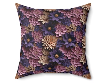 May include: A decorative cushion with a floral pattern featuring purple, pink, and beige flowers. The cushion is made of a soft, comfortable fabric and is perfect for adding a touch of elegance to any room.