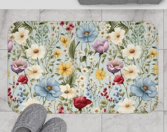 Floral Bath Mat: Microfiber, Non-Slip Pastel Flower Design