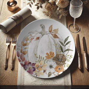 White Pumpkin Dinner Plate: Floral Autumn Design, Thanksgiving Decor