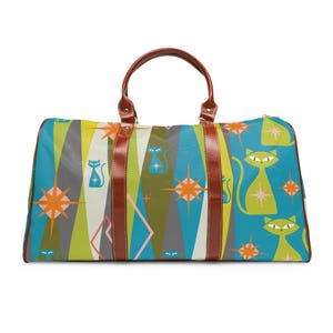Travel Bag, Atomic Kitty Cat, Mid Century Green, Overnight Duffle, Weekend Getaway Tote, Retro Style Luggage, Gift for Cat Lovers,