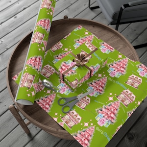Pink Christmas Tree Wrapping Paper: Gingerbread House Winter Design